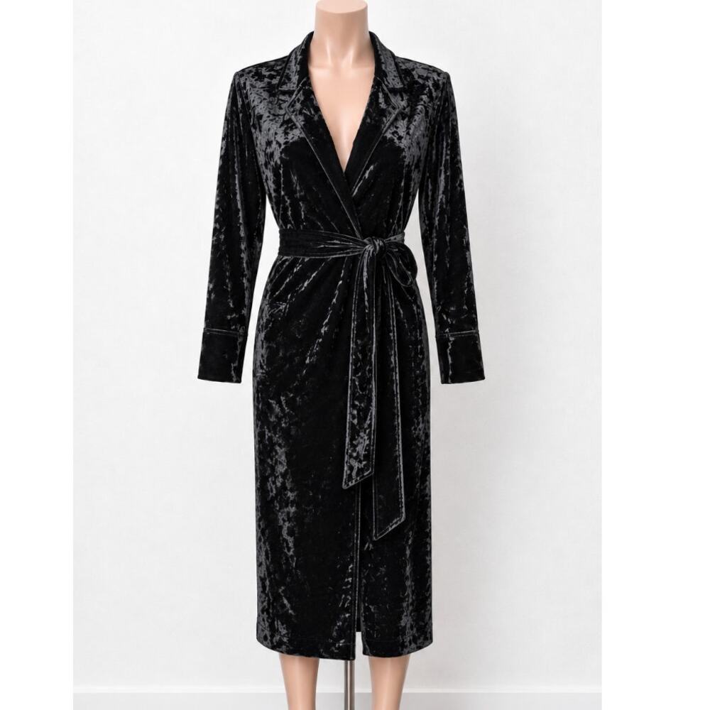 Arrive Black Velour Front Button Long Sleeve Tie Waist Midi Dress Small